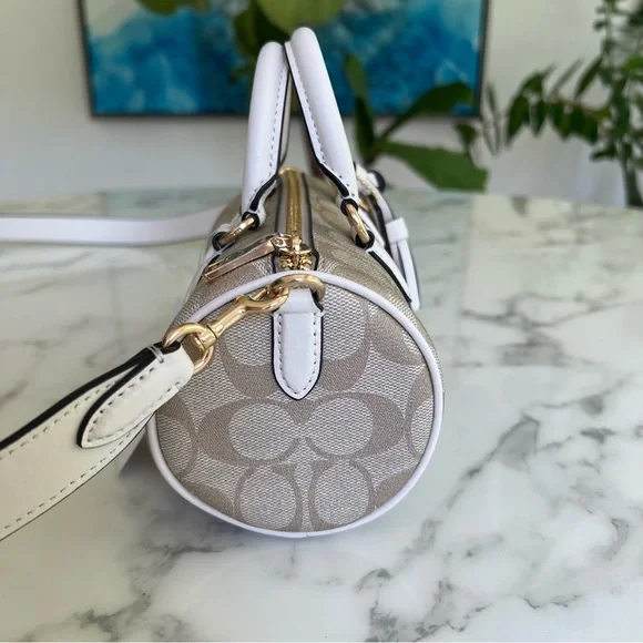 NWT COACH Lacey Barrel Crossbody Signature Canvas Gold Light Khaki Chalk CK689